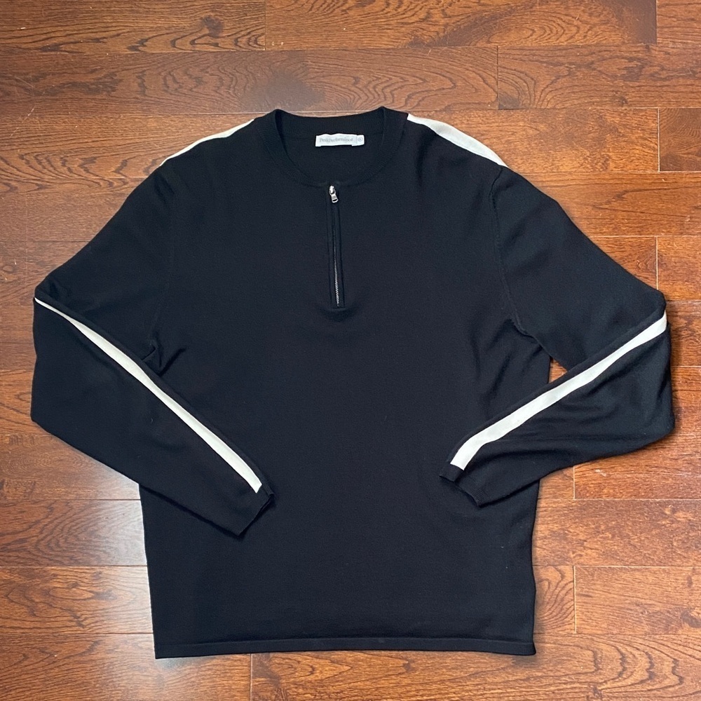 Peak Performance Half-Zip Ski Sweater Size XL Black + Off-White Stripes Merino - Picture 1 of 12